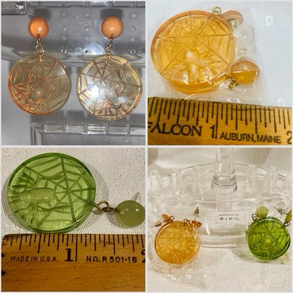 Rare Corday Spider Web Halloween Clear Green Lucite Pierced Post Earrings NWOT - Picture 9 of 15